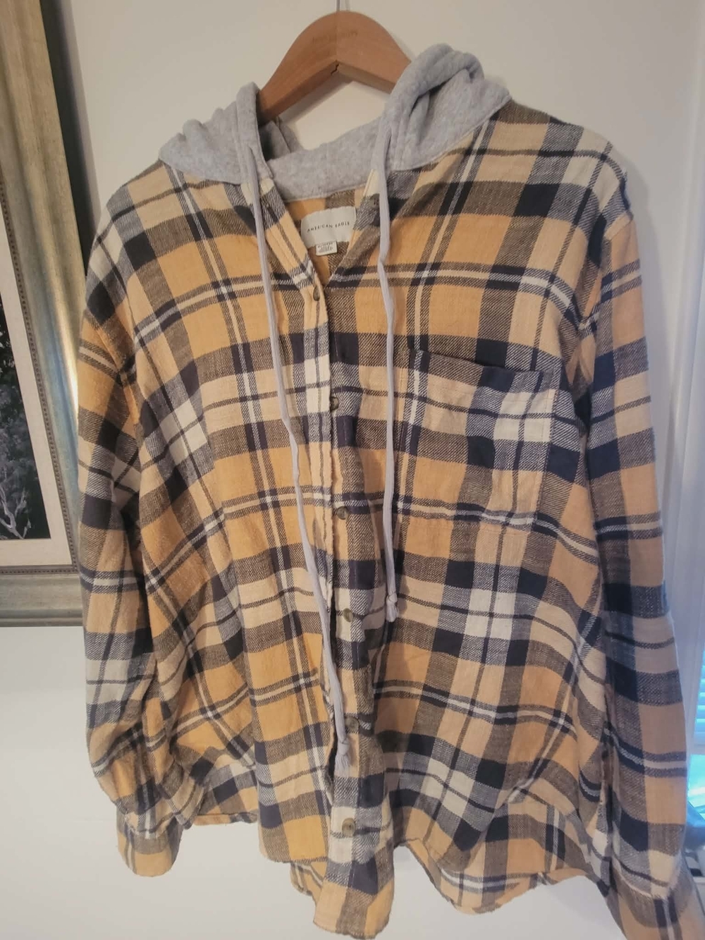 American Eagle Yellow and Navy Plaid Shirt with Grey Hood